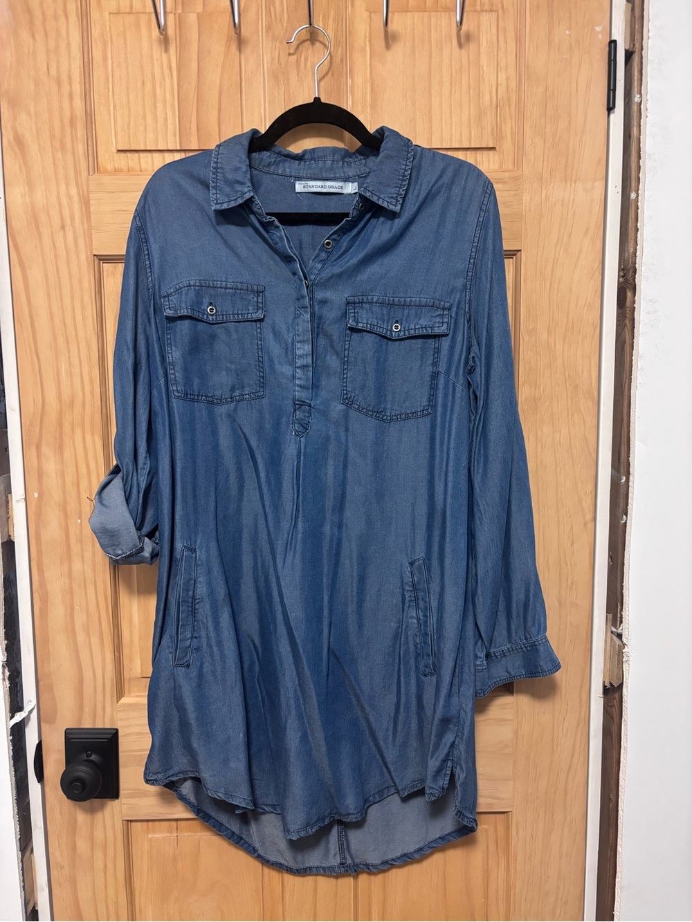 Casual Chambray Tunic Shirt Dress - Blue